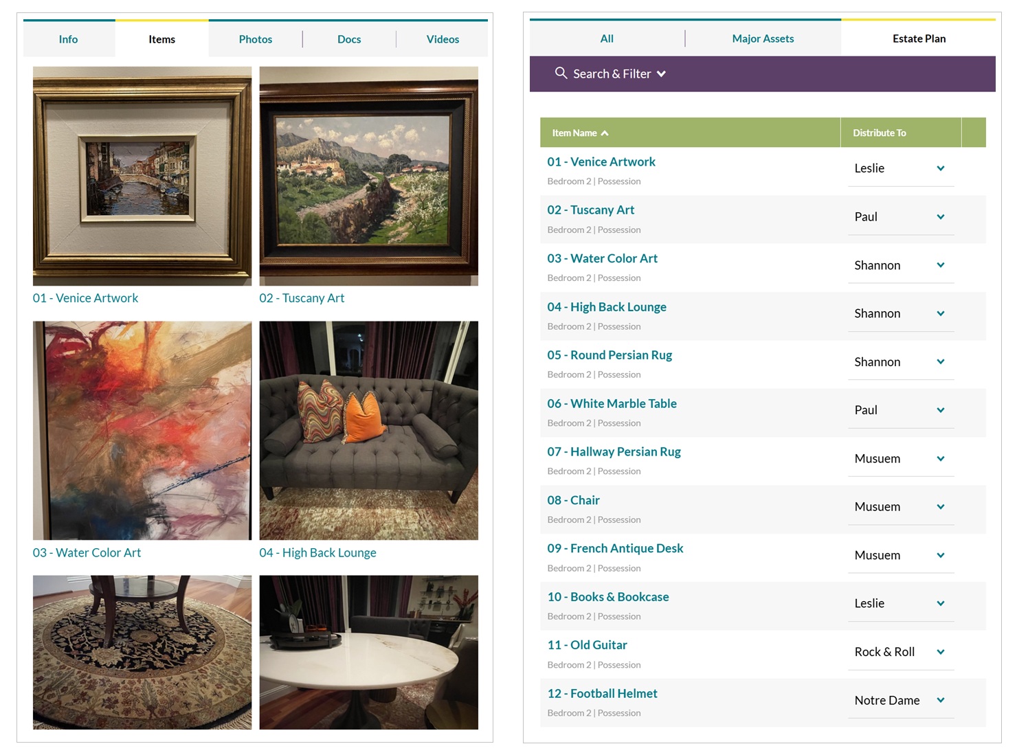 Organize inventory value to support estate planning