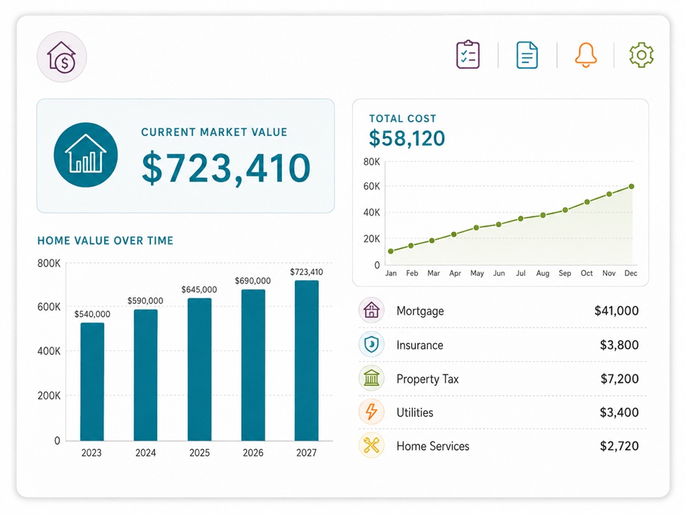 Home finances dashboard with cost and value tracking